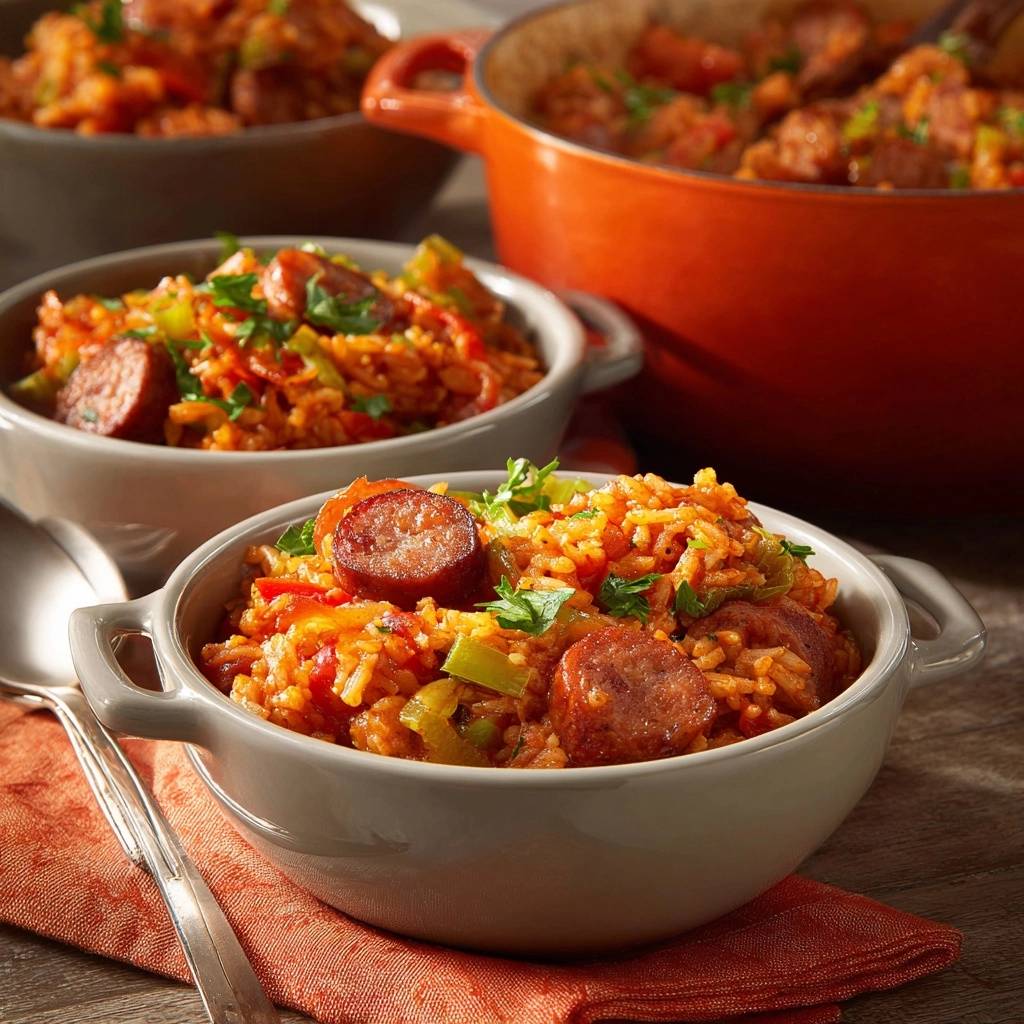 Herzhafte Jambalaya mit Wurst, serviert in grauen Schalen mit frischer Petersilie garniert, daneben ein Topf.