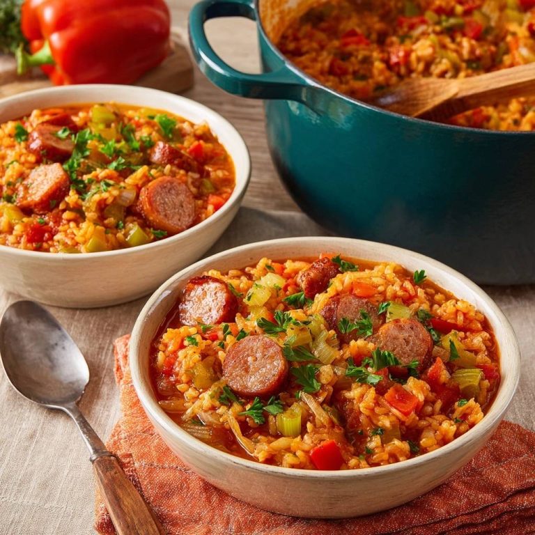 Herzhafte Jambalaya mit Wurst, serviert in zwei Schüsseln mit einem Löffel daneben.