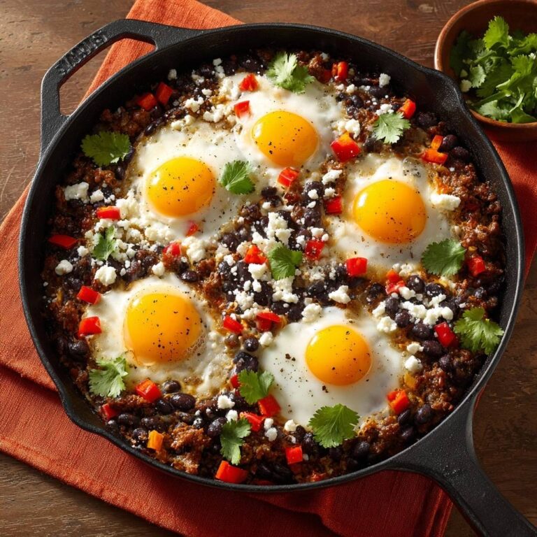 Herzhafte mexikanische Frühstückspfanne mit Spiegeleiern, schwarzen Bohnen und Käse, von oben gesehen.