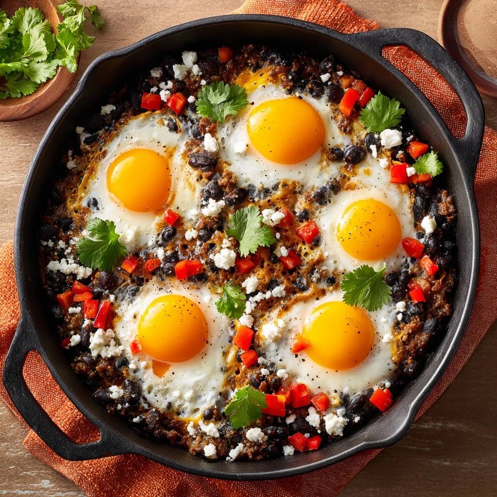 Herzhafte mexikanische Frühstückspfanne mit pochierten Eiern, Bohnen und Käse, garniert mit Koriander von oben gesehen.