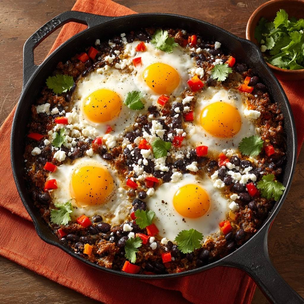 Herzhafte mexikanische Frühstückspfanne mit Spiegeleiern, schwarzen Bohnen und Käse, von oben gesehen.
