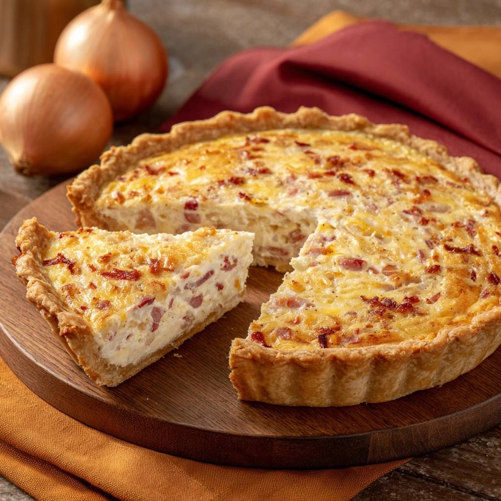 Herzhafte Quiche Lorraine angeschnitten auf einem Holzbrett mit einem Stück herausgeschnitten, das die Füllung zeigt.