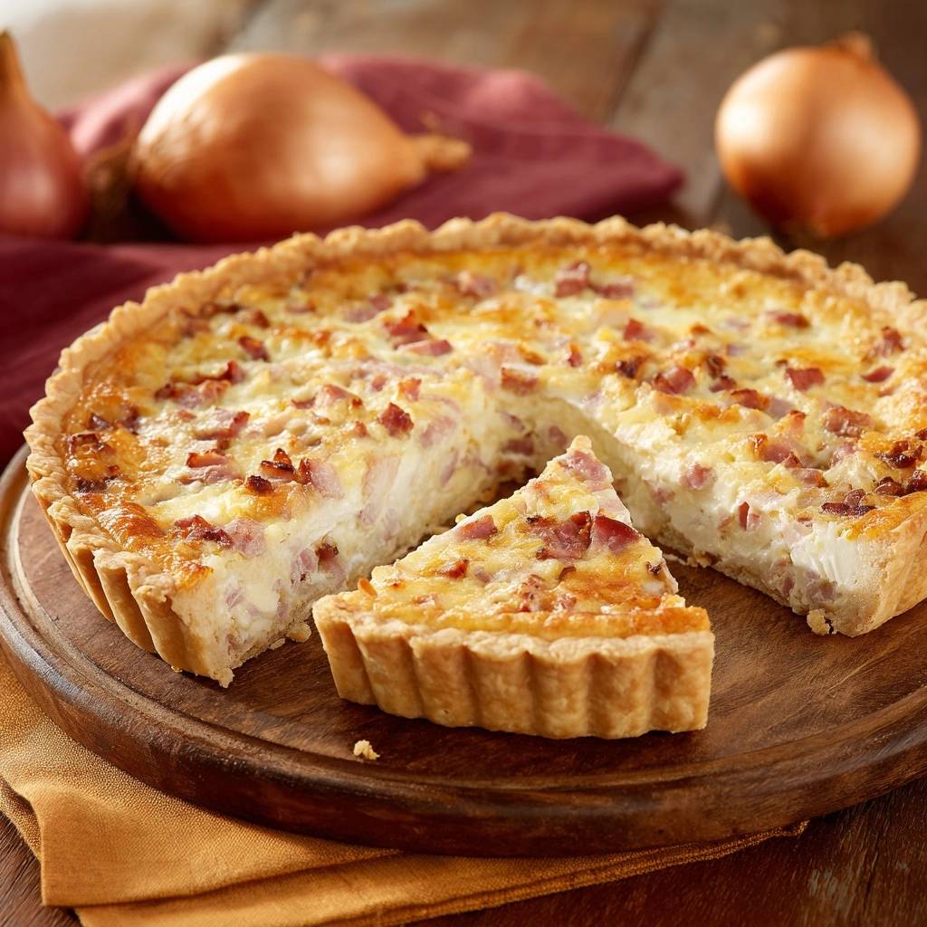 Herzhafte Quiche Lorraine angeschnitten mit einem Stück herausgenommen, zeigt den herzhaften Speck und die Eiermasse.
