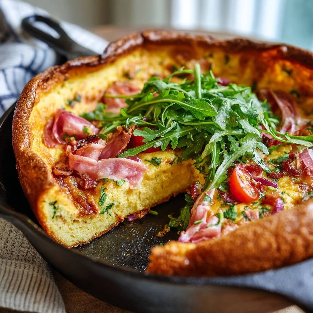 Herzhafter Dutch Baby Pfannkuchen angeschnitten, zeigt das goldbraune Innere mit Schinken und Rucola-Garnitur.