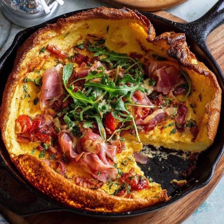 Herzhafter Dutch Baby Pfannkuchen, angeschnitten und im gusseisernen Pfanne serviert, mit Schinken und Rucola garniert