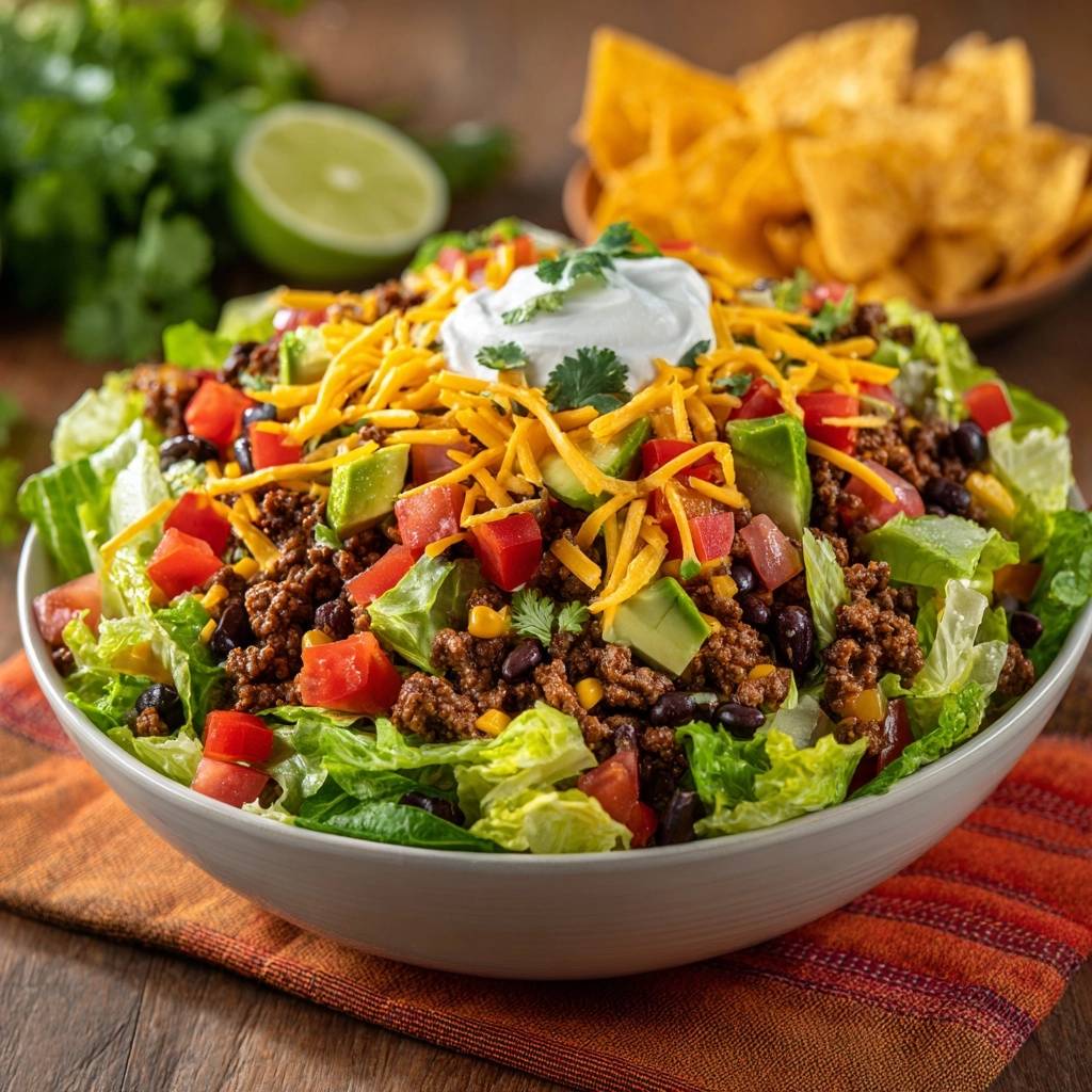 Herzhafter Taco-Salat mit Rinderhack, nahaufnahme der frischen Zutaten und der cremigen Topping-Haube.