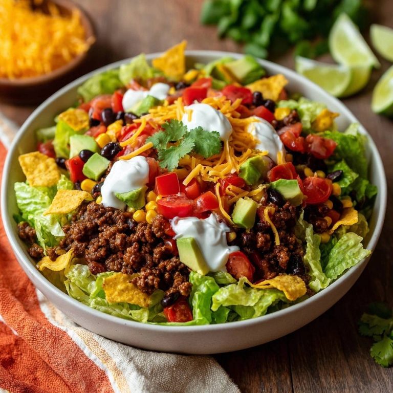 Herzhafter Taco-Salat mit Rinderhack, frisch garniert mit Avocado, Tomaten und Sour Cream in einer Schüssel.