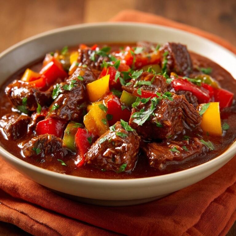 Herzhaftes Rindergulasch mit Paprika als Nahaufnahme, serviert in einer Schüssel mit Petersilie garniert.