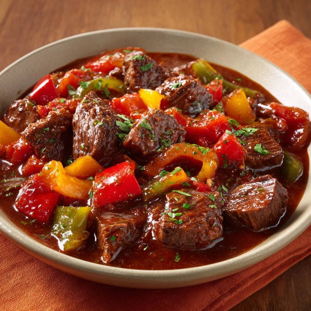 Herzhaftes Rindergulasch mit Paprika serviert in einer Schüssel, Nahaufnahme der fleischigen Stücke und bunten Paprika.
