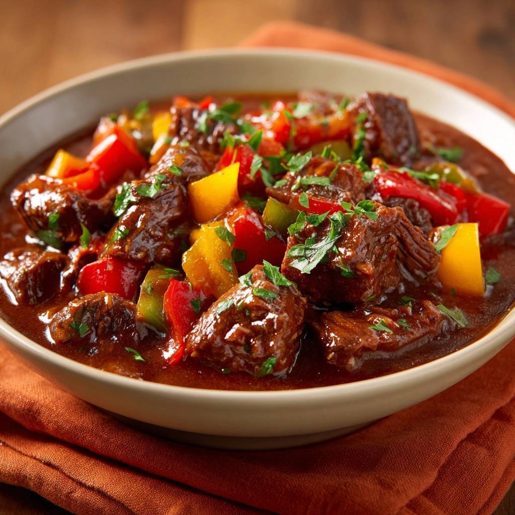 Herzhaftes Rindergulasch mit Paprika als Nahaufnahme, serviert in einer Schüssel mit Petersilie garniert.