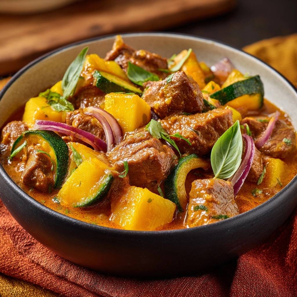 Herzhaftes Rindergulasch mit Zucchini und Kartoffeln in einer Schüssel serviert, Nahaufnahme.