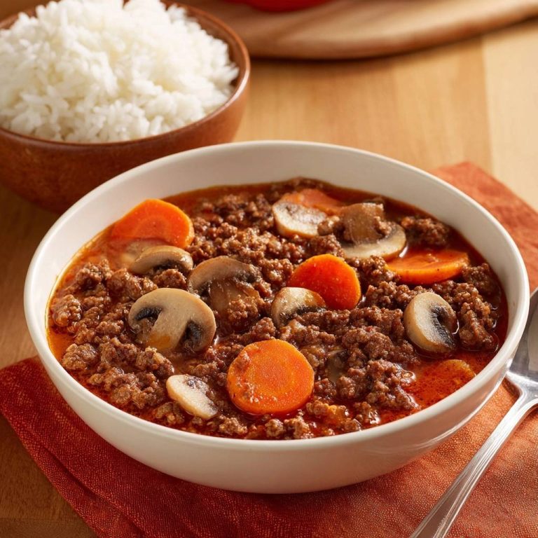 Herzhaftes Rinderhack-Gulasch mit Pilzen als Nahaufnahme in einer weißen Schüssel serviert, daneben eine Schale Reis.