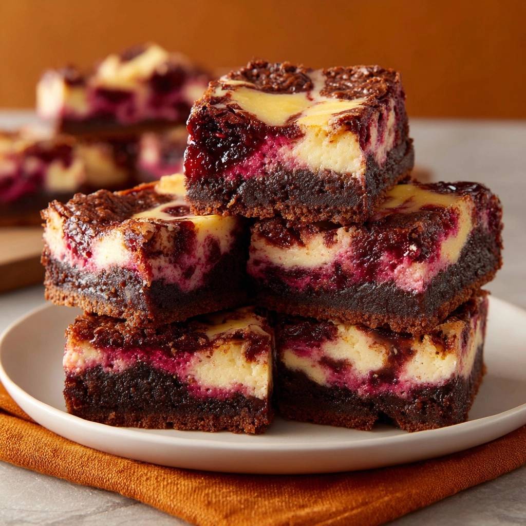 Saftige Himbeer-Cheesecake-Brownies gestapelt auf einem Teller, Nahaufnahme der Schichten und Textur.