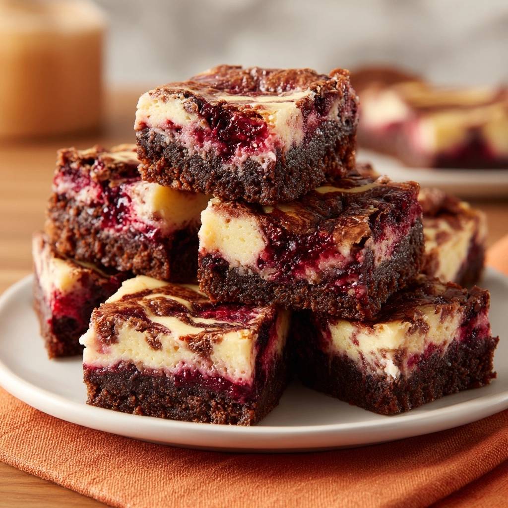 Saftige Himbeer-Cheesecake-Brownies, gestapelt auf einem weißen Teller, zeigen ihre cremige und fruchtige Schichtung.