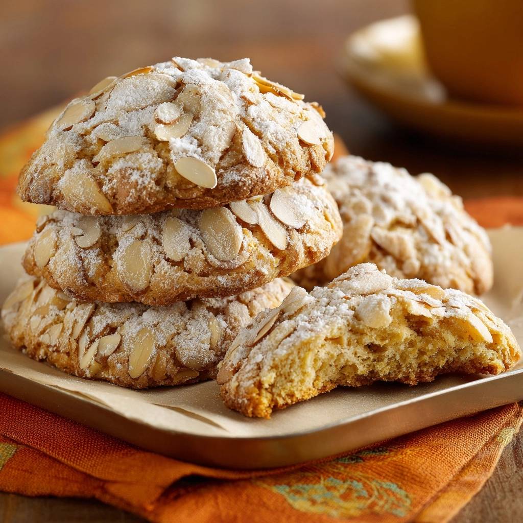 Italienische Mandel-Amaretti mit Puderzucker und Mandelsplittern, ein Keks angeschnitten zur Nahaufnahme der Textur.