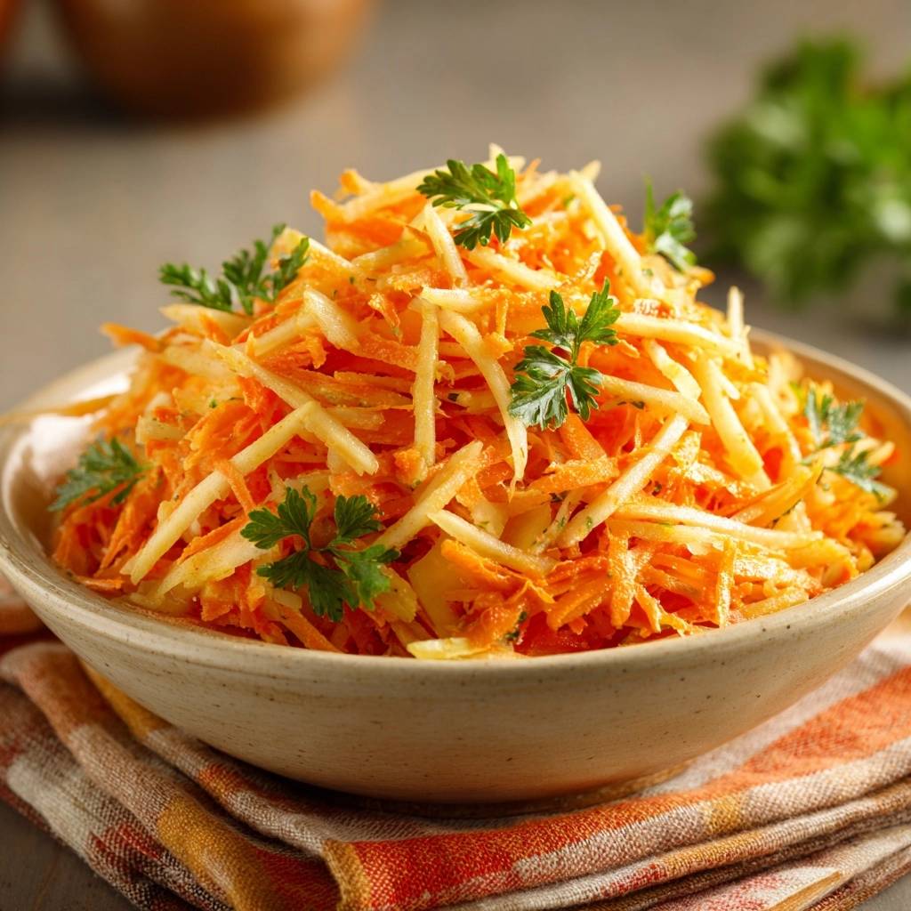 Frischer Karotten-Apfel-Salat, garniert mit Petersilie, in einer Schüssel auf einem gemusterten Tuch serviert.