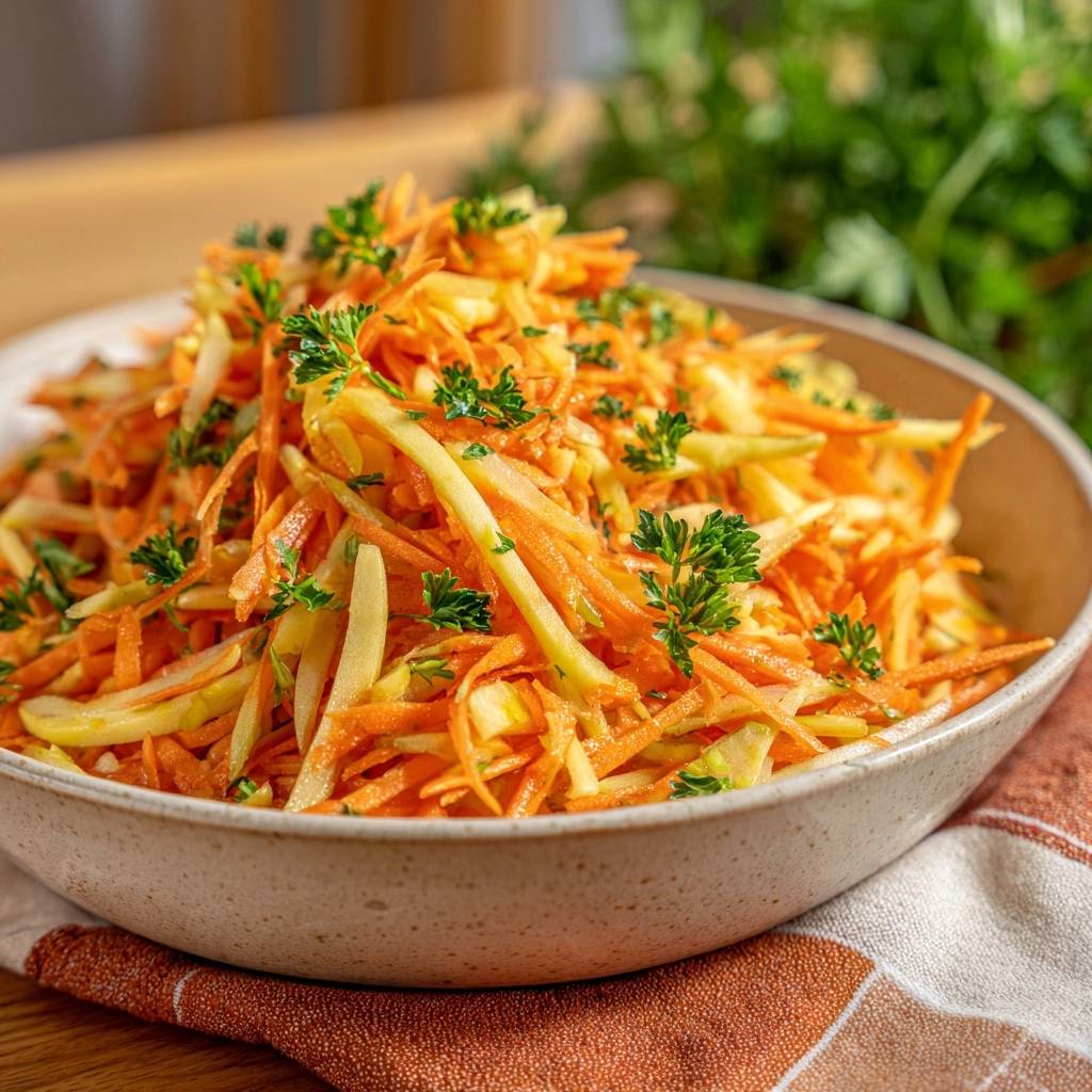 Frischer Karotten-Apfel-Salat, garniert mit Petersilie, wird in einer Schüssel serviert.
