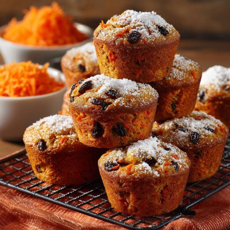 Saftige Karotten-Rosinen-Muffins mit Puderzucker und Rosinen, auf einem Gitterrost im Detail fotografiert.