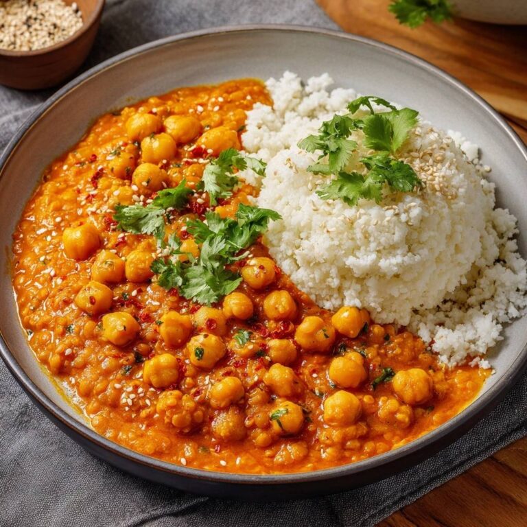 Cremiges Kichererbsen-Curry mit Blumenkohlreis, nahaufnahme mit Koriander und Sesam garniert
