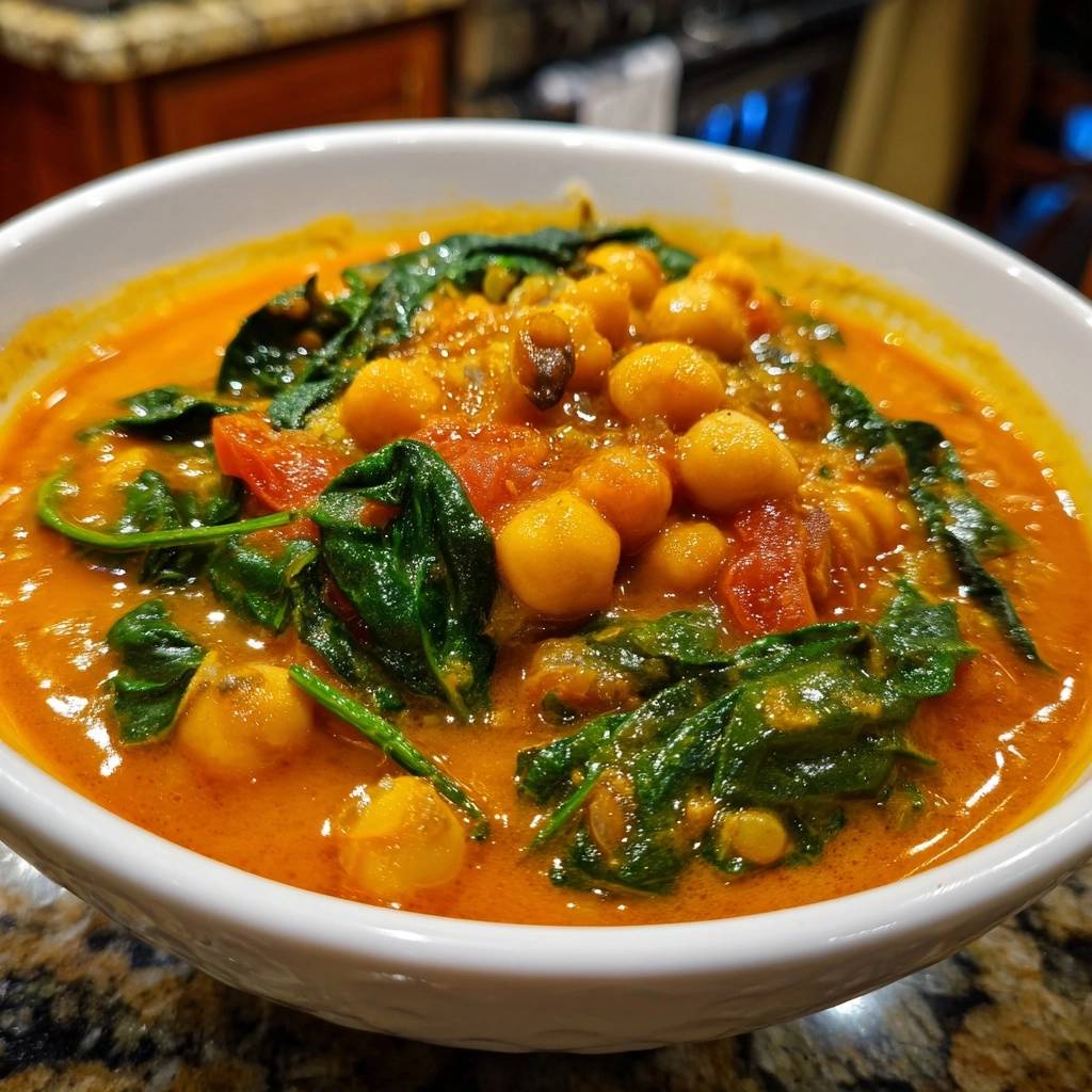 Herzhaftes Kichererbsen-Spinat-Curry als Nahaufnahme in einer weißen Schüssel mit viel Gemüse und cremiger Sauce.