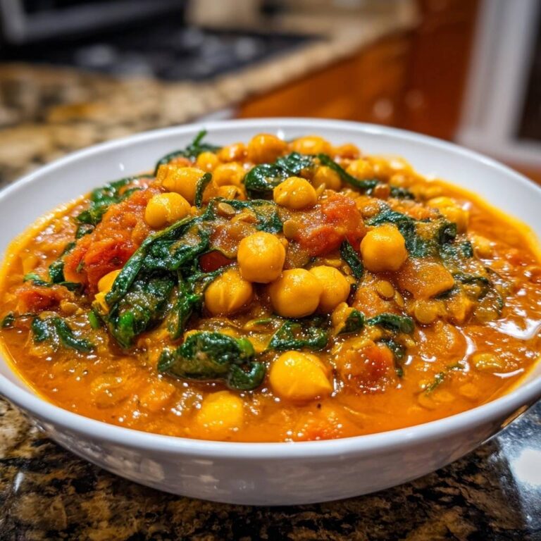 Herzhaftes Kichererbsen-Spinat-Curry in einer weißen Schüssel, nahaufnahme der cremigen Textur mit Kichererbsen und Spinat
