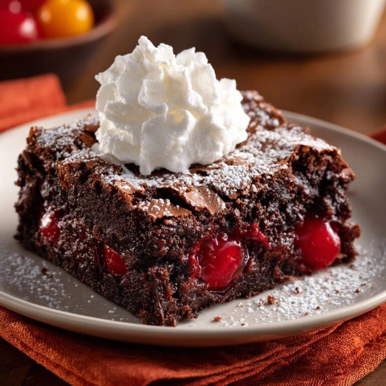 Saftige Kirsch-Schokoladen-Brownies mit einem Klecks Schlagsahne und Puderzucker bestäubt auf einem Teller.