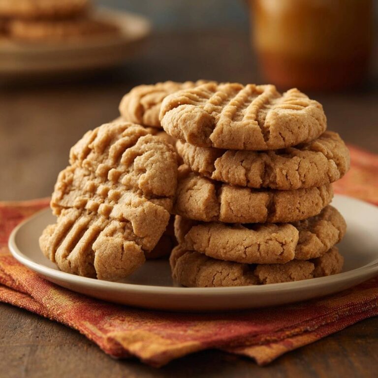 Klassische Erdnussbutter-Cookies, die auf einem Teller zu einem Stapel aufgeschichtet sind, mit einem roten Tuch darunter.