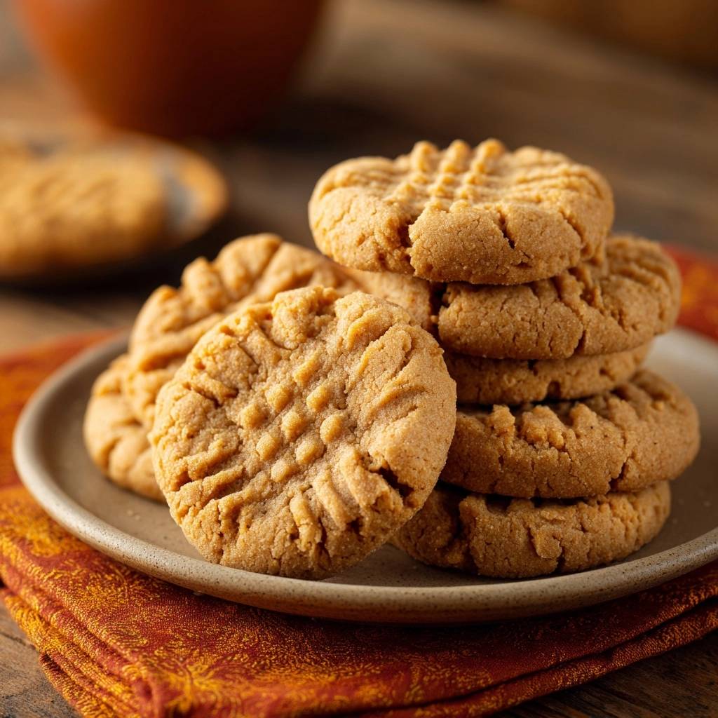 Klassische Erdnussbutter-Cookies, gestapelt auf einem Teller, mit feiner Textur und dem typischen Gabelmuster im Nahaufnahme.
