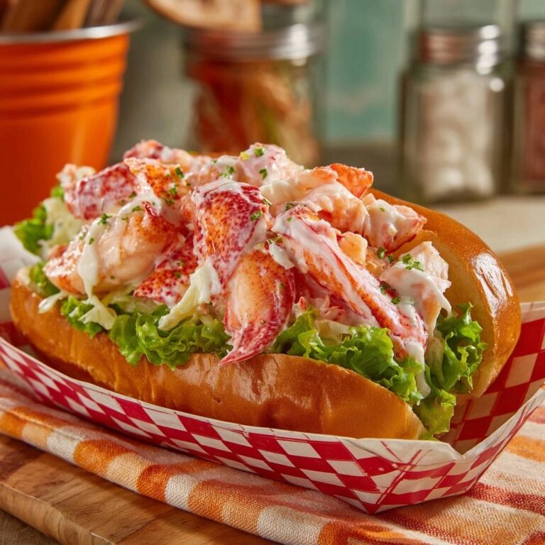 Klassische Hummer-Rolle mit viel zartem Hummerfleisch und Salat in einem Brioche-Brötchen, nahaufnahme