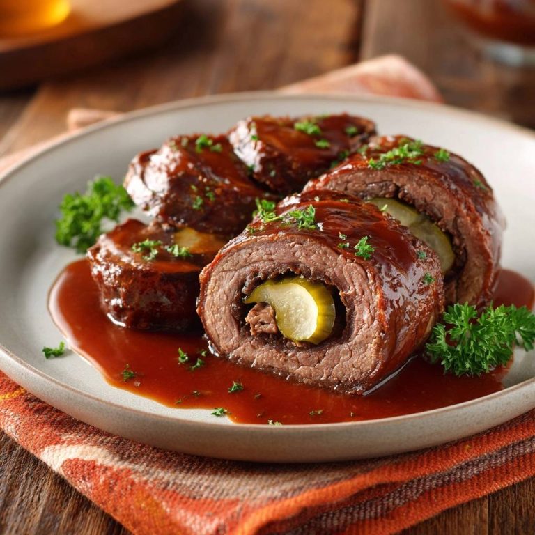 Klassische Rinderrouladen angeschnitten, die die Füllung aus Gewürzgurke und Fleisch im Querschnitt zeigen, serviert mit Sauce und Petersilie.