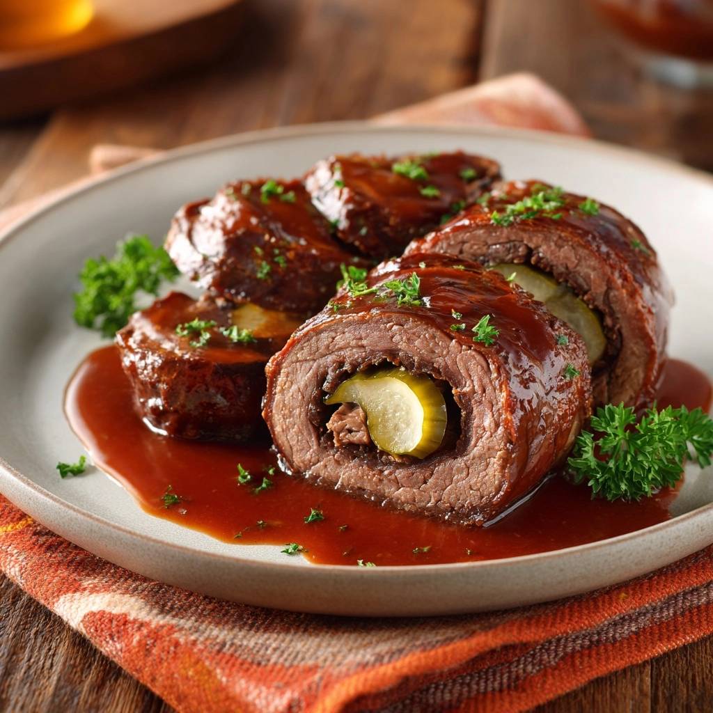 Klassische Rinderrouladen angeschnitten, die die Füllung aus Gewürzgurke und Fleisch im Querschnitt zeigen, serviert mit Sauce und Petersilie.
