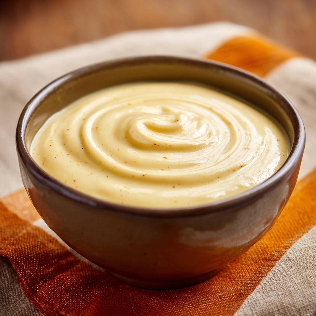 Klassische Vanillecreme in einer Schüssel mit einem schönen Schneewirbel in der Mitte, garniert mit winzigen braunen Sprenkeln.