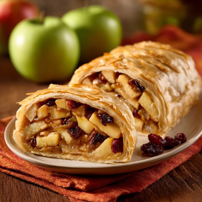 Klassischer Apfelstrudel angeschnitten mit saftiger Füllung aus Äpfeln und Cranberries auf einem Teller