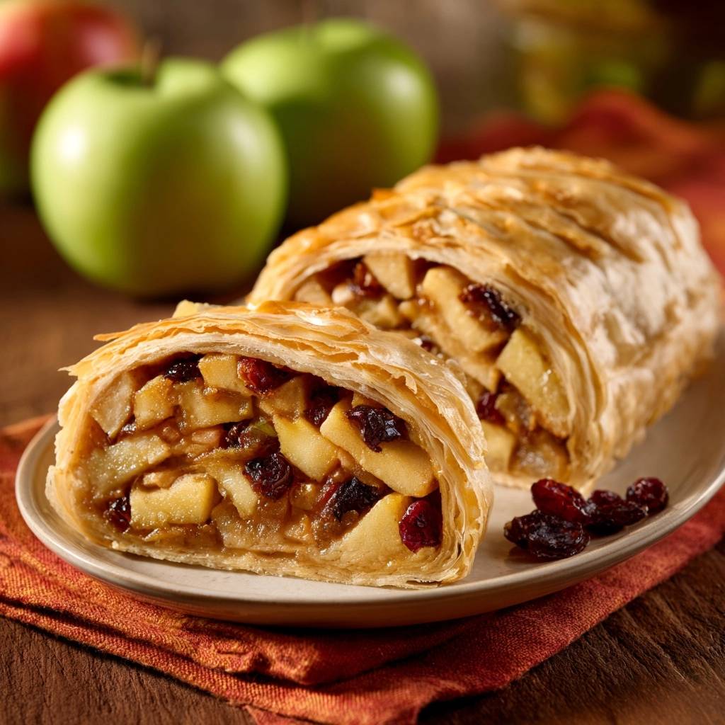 Klassischer Apfelstrudel angeschnitten mit saftiger Füllung aus Äpfeln und Cranberries auf einem Teller