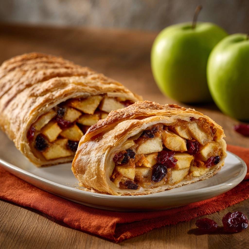 Klassischer Apfelstrudel, angeschnitten und von innen mit Äpfeln und Kirschen gefüllt, auf einem Teller serviert.