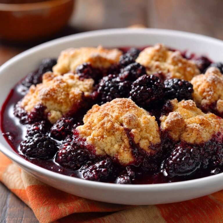 Klassischer Brombeer-Cobbler mit saftigen Beeren und goldbraunem Teig in einer weißen Schüssel, nahaufnahme.