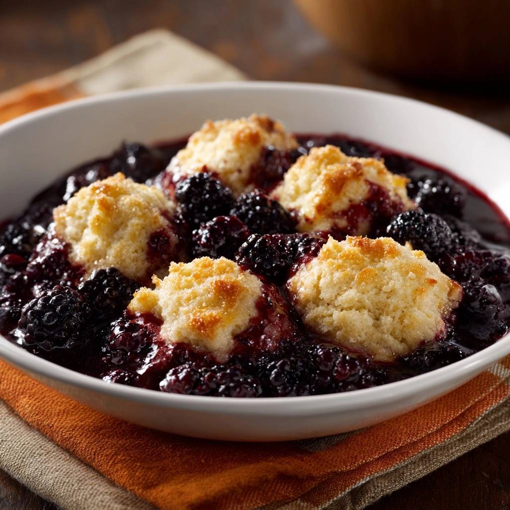 Klassischer Brombeer-Cobbler mit saftigen Brombeeren und goldbraunen Biskuits in einer weißen Schüssel, Nahaufnahme.