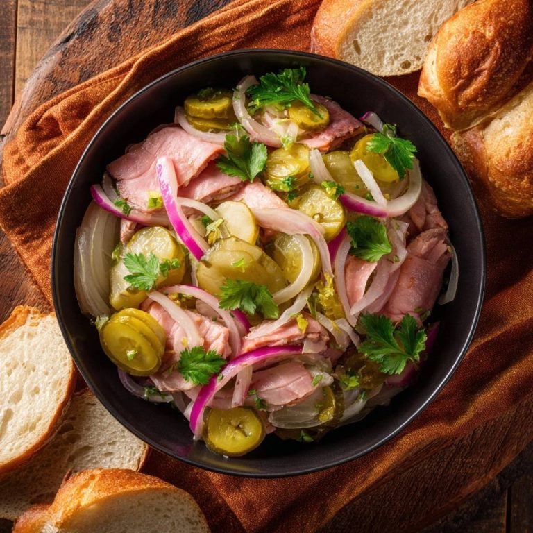 Klassischer Wurstsalat mit Essiggurken von oben in einer Schüssel, garniert mit Petersilie und Zwiebelringen.