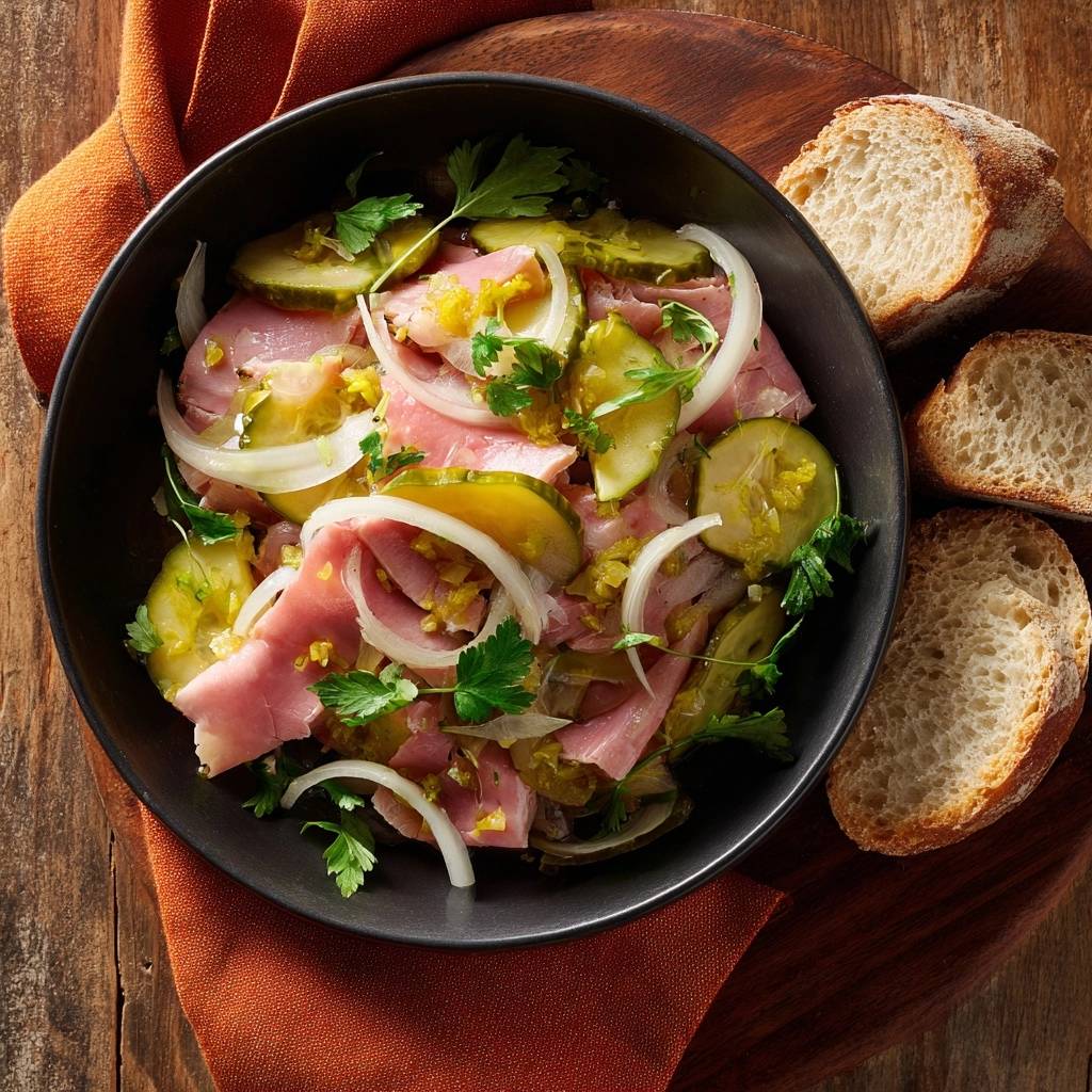 Klassischer Wurstsalat mit Essiggurken, nahaufnahme der Scheiben mit Zwiebeln und Petersilie in einer Schüssel