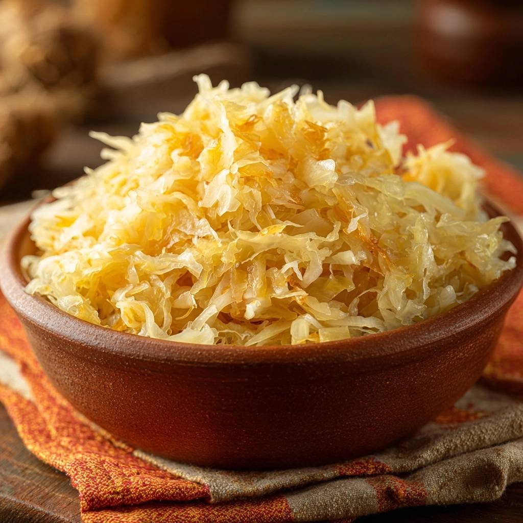 Klassisches mildes Sauerkraut als Nahaufnahme in einer braunen Schüssel, serviert auf einem gemusterten Tuch.