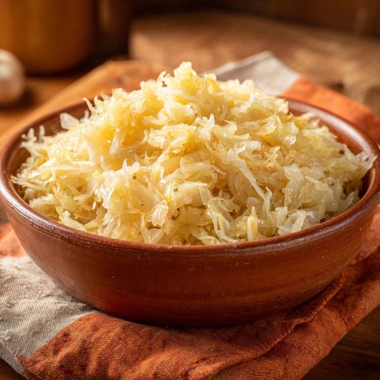Klassisches mildes Sauerkraut in einer braunen Schüssel auf einem gestreiften Tuch, nahaufnahme der Textur