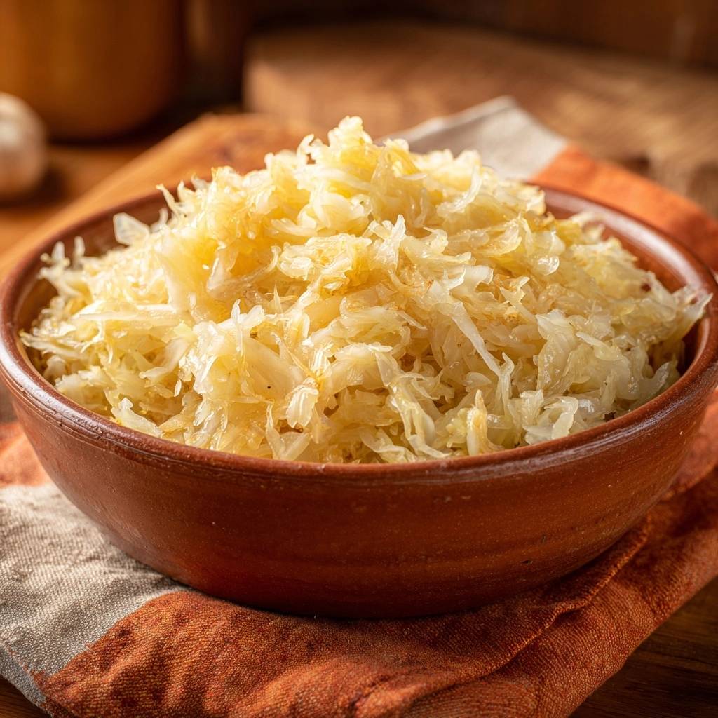 Klassisches mildes Sauerkraut in einer braunen Schüssel auf einem gestreiften Tuch, nahaufnahme der Textur