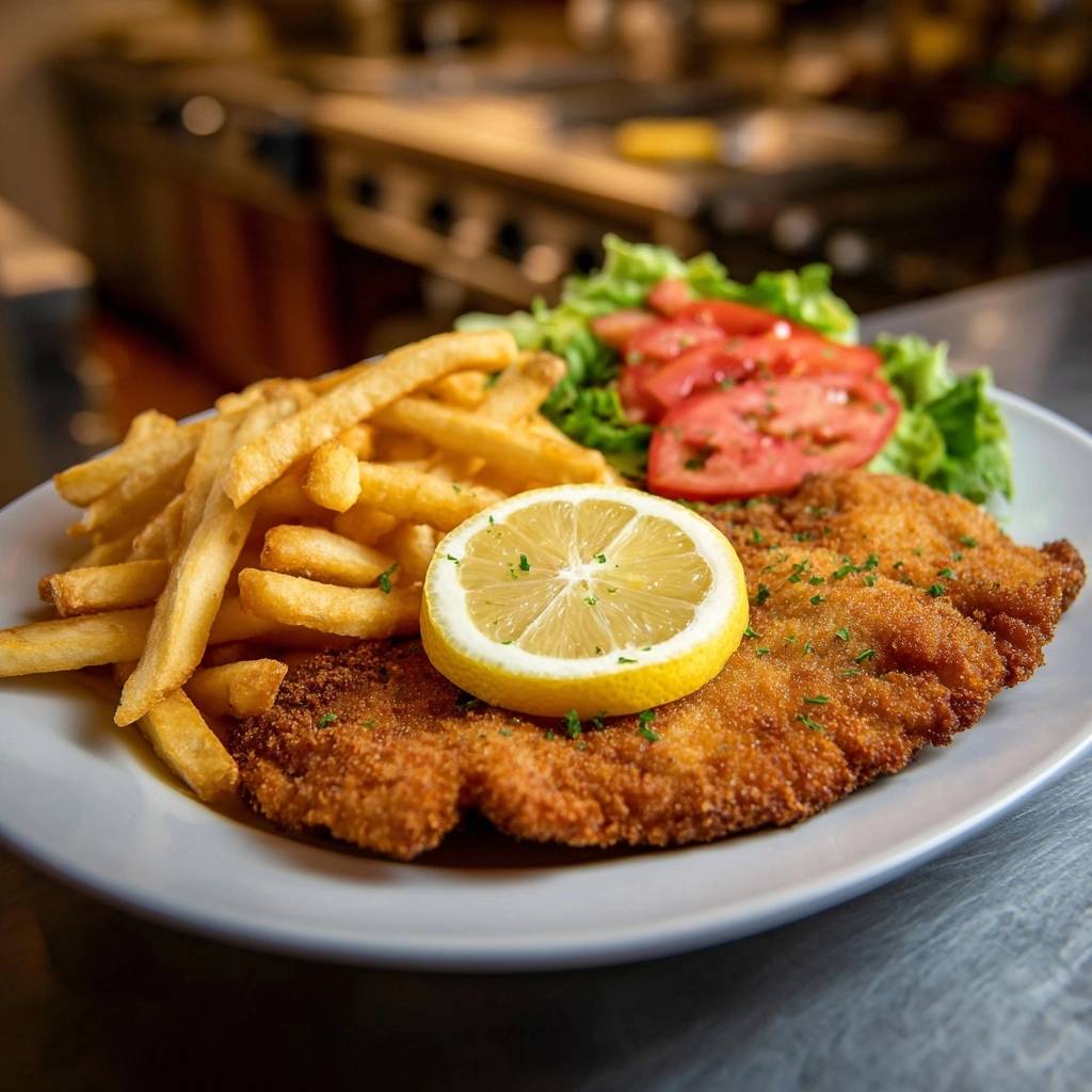 Klassisches Wiener Schnitzel mit Pommes, serviert auf einem Teller mit Zitrone und Salat, als Hauptgericht garniert.