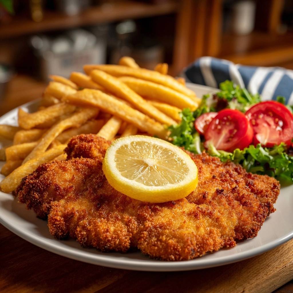 Klassisches Wiener Schnitzel mit Pommes, garniert mit einer Zitronenscheibe und einem kleinen Salat.