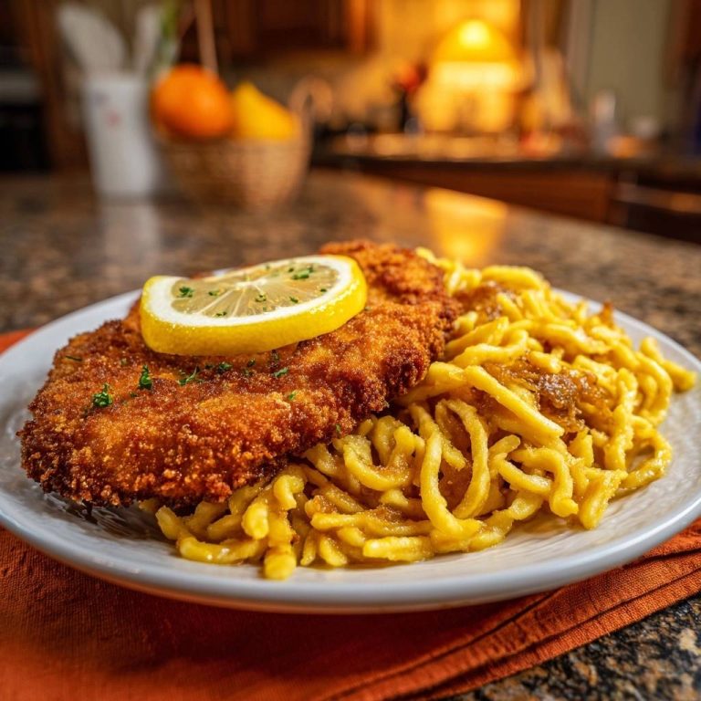 Klassisches Wiener Schnitzel mit Röstzwiebel-Spätzle, serviert auf einem Teller mit einer Zitronenscheibe als Garnitur.