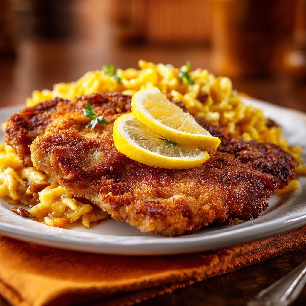 Klassisches Wiener Schnitzel mit Röstzwiebel-Spätzle, garniert mit Zitronenscheiben und Petersilie auf einem Teller