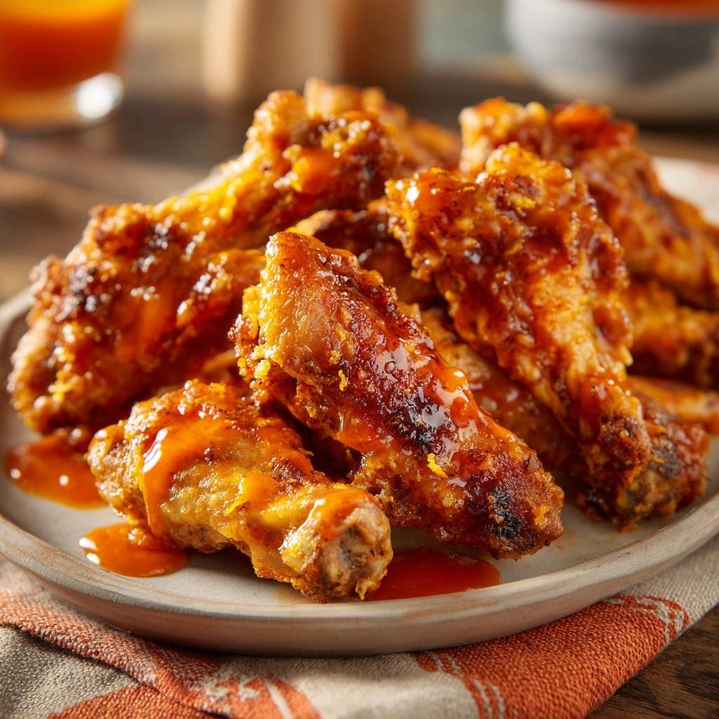 Knusprige Buffalo Chicken Wings glasiert mit Sauce und Orangenzesten auf einem Teller serviert