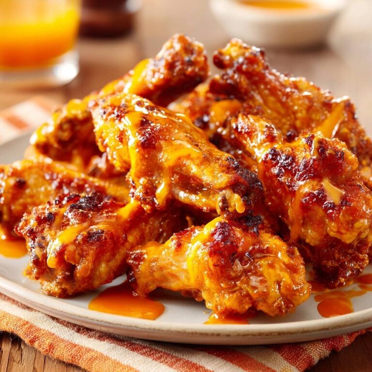 Knusprige Buffalo Chicken Wings mit geschmolzenem Käse und leckerer Glasur auf einem Teller serviert.