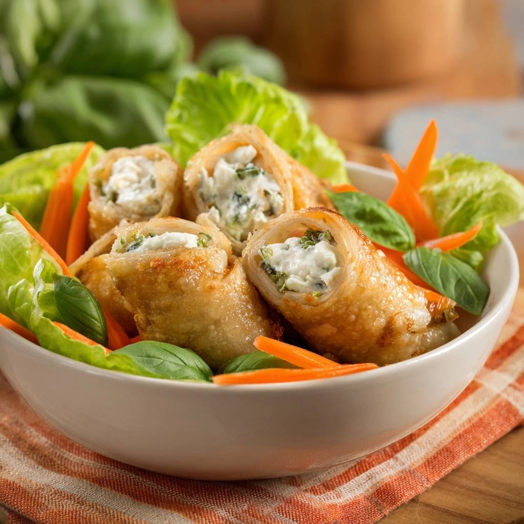 Knusprige Spinat-Feta-Rollen auf Frühlingssalat, im Detail angeschnitten, zeigen die cremige Füllung aus Spinat und Feta.