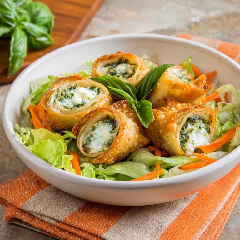 Knusprige Spinat-Feta-Rollen auf Frühlingssalat im Anschnitt, gezeigt mit ihrem cremigen Inneren und frischen Kräutern.